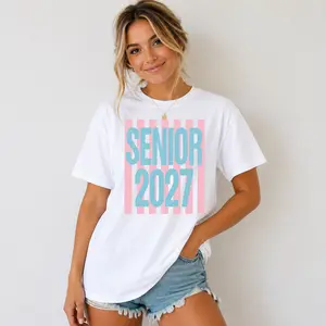 Senior 2027 Graphic T-Shirt, Cute Graduation Class of 2027 Tee, Pink Stripe Blue Letter Print Top, Casual Oversized Summer Shirt for Women, Senior Year Gift Tee