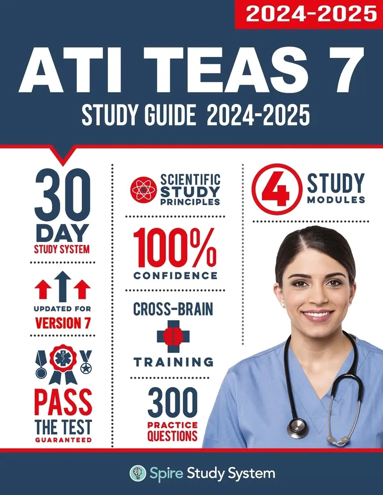 USED Book - ATI TEAS 7 Study Guide: Spire Study System's ATI TEAS 7th Edition Test Prep Guide with Practice Test Review Questions for the Test of Essential Academ by Spire Study System (Paperback) - english