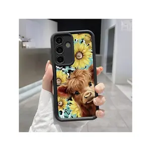 Cute Highland Cow Pattern TPU Phone Case Compatible With Galaxy S23 Ultra S24 Plus S25 S22+ Shockproof Non Slip Military-Grade Protection Silicone Cover Smartphone Casing