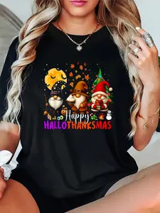 100% Cotton Unisex Happy HalloThanksMas Gnomes Halloween Thanksgiving Christmas T-Shirt，Autumn Women's T-shirt Christmas Happy Letter Snowflake Fun Pattern 1