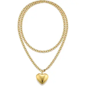 Chunky Gold Plated Heart Necklace for Women 36 Inch Long, Layered Puffy Heart Pendant Statement Necklace, Non Tarnish Bold Fashion Jewelry Gift Modern Versatile Accessories
