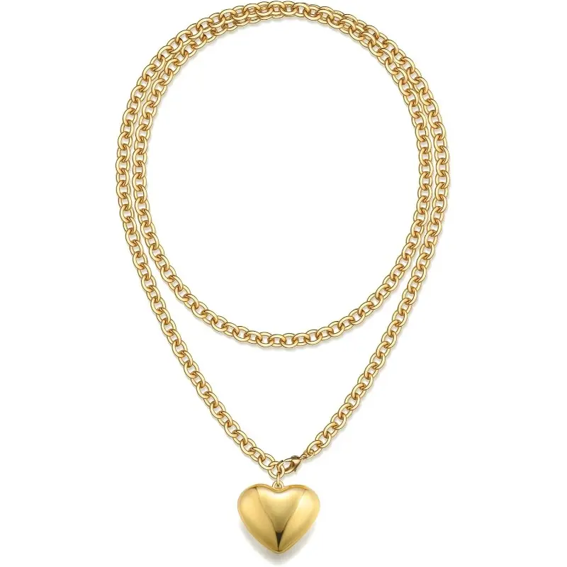 Chunky Gold Statement Necklace for Women, 36-Inch Layered Gold-Plated Chain with Puffy Heart Pendant, Non-Tarnish Jewelry Gift, Accessories For Women, Heart Necklace, Gold Necklaces