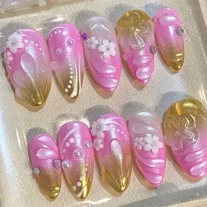Pink & Gold Floral 3D Press-On Nails, White Blossom Accents with Pearls and Glitter, Elegant Romantic Vibes, Custom Handmade Nail Art, Gif for Her