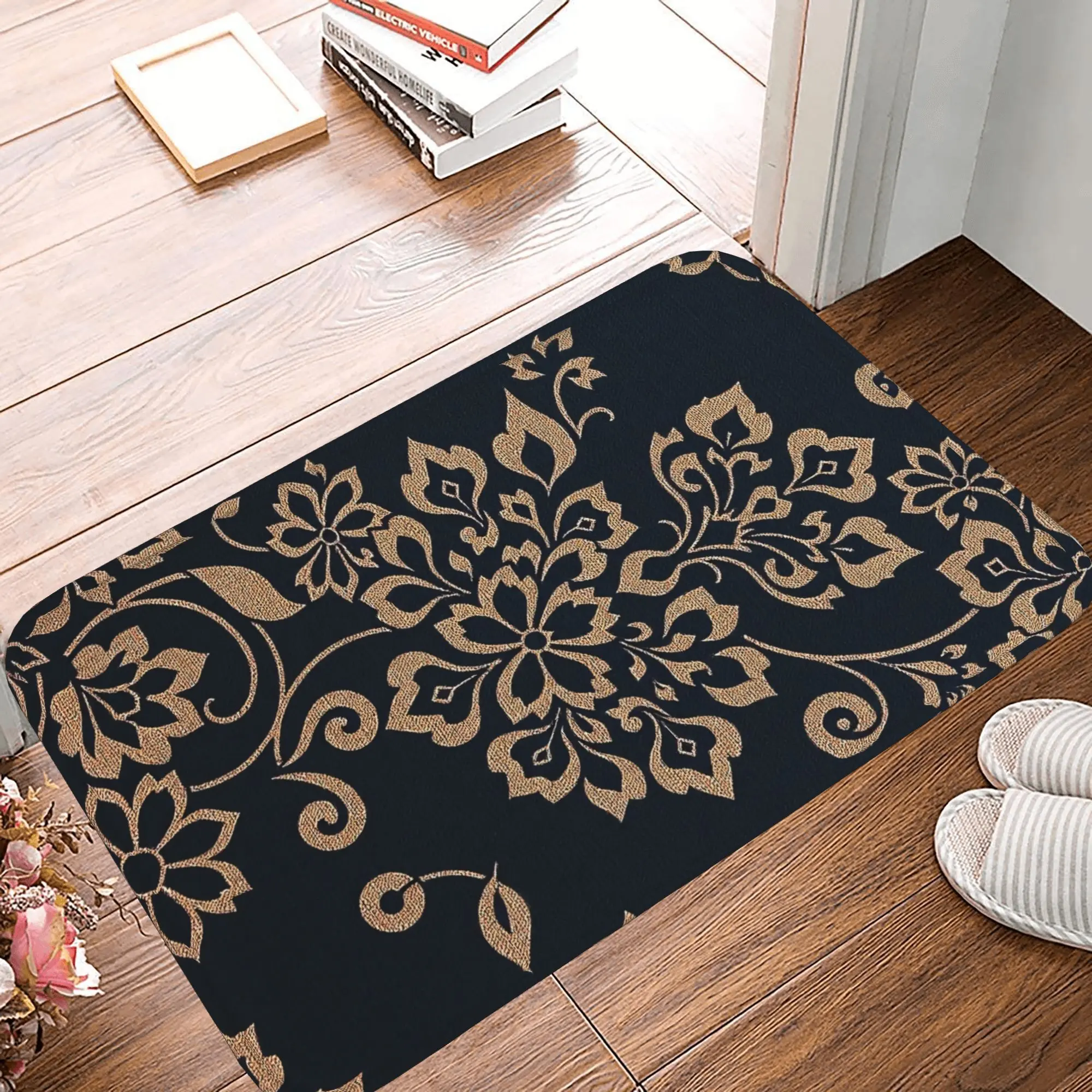 Gold Floral Welcome Mat   Elegant Black & Gold Non Slip Entryway Doormat   Luxurious, Absorbent & Durable for Home Decor
