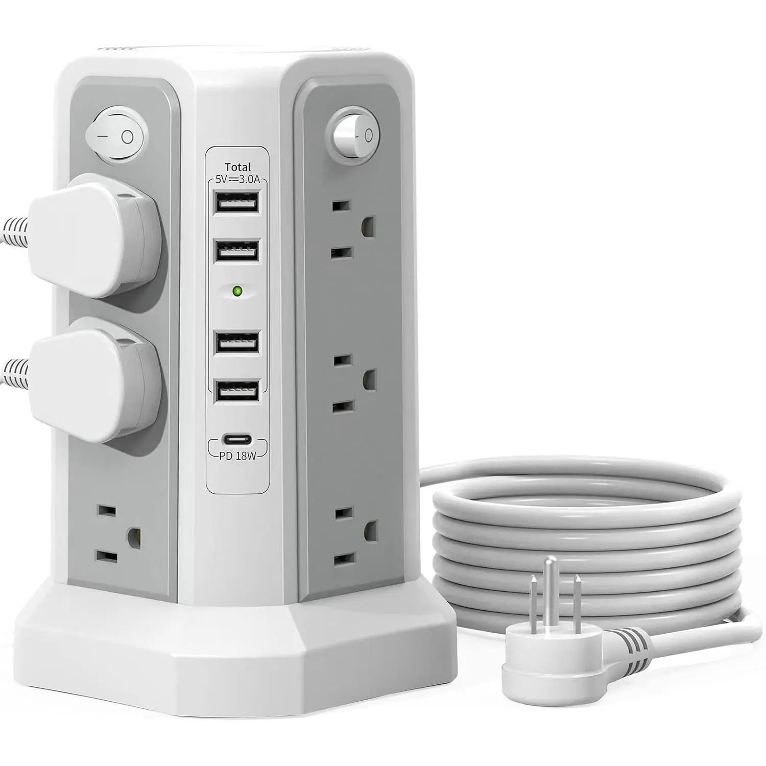 Durable Surge Protector Power Strip Tower with 18W PD USB-C Port, 10FT Extension Cord, 12 AC Outlets, 5 USB Ports, Electrical Sockets Accessories for Office Devices, Shell