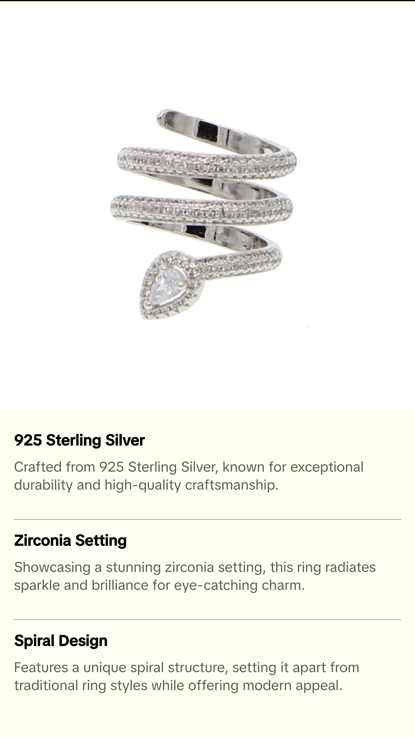 Spiral Silver Ring with Decorative Band and Center Stone