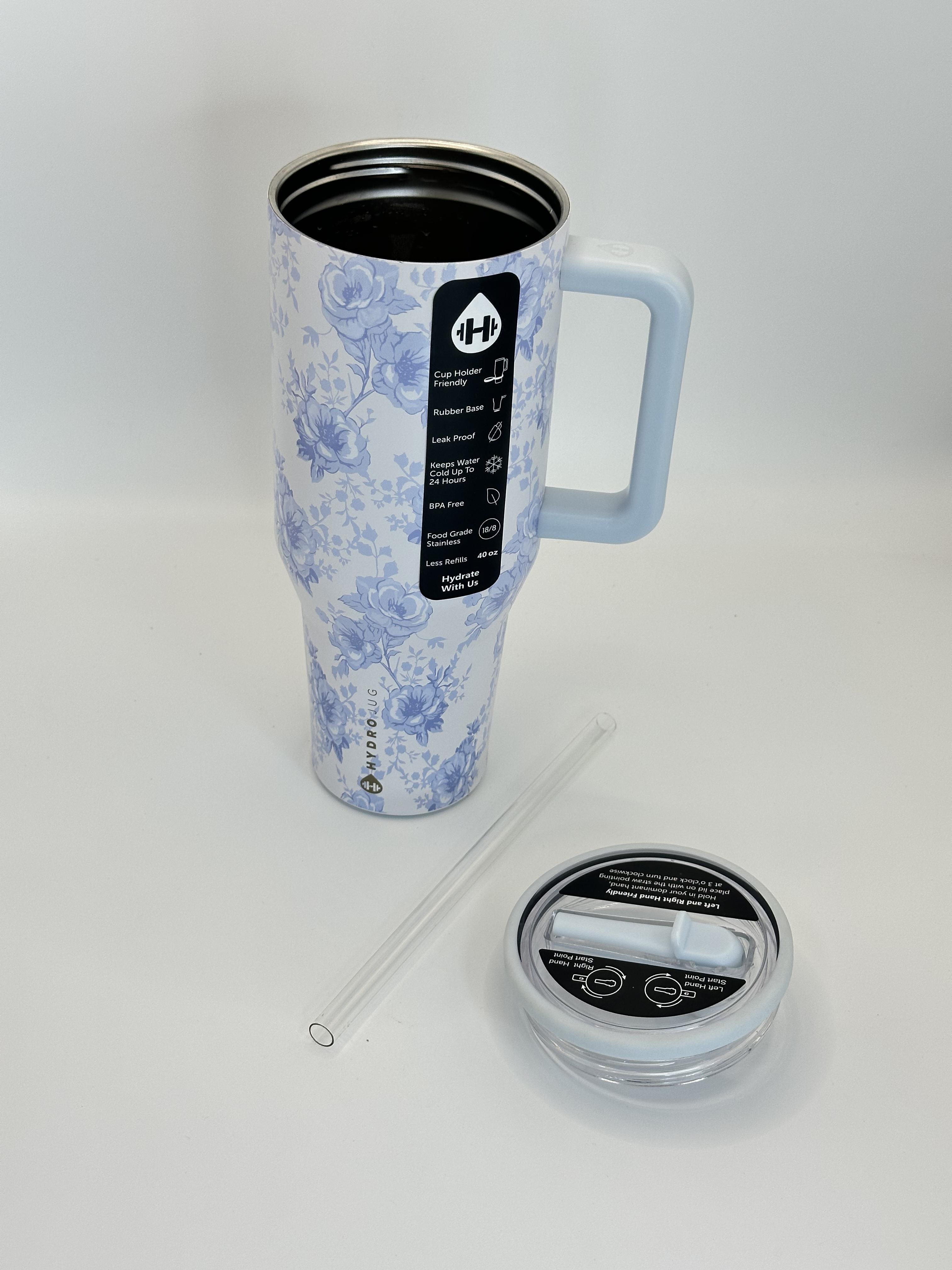 40oz Blue Floral Porcelain Rose Vintage Vacuum Flask - Portable Leak-Proof Double Wall Stainless Steel Single Cup, Straw Lid, Car Cup Holder Friendly Sports Drinkware for Daily Hydration