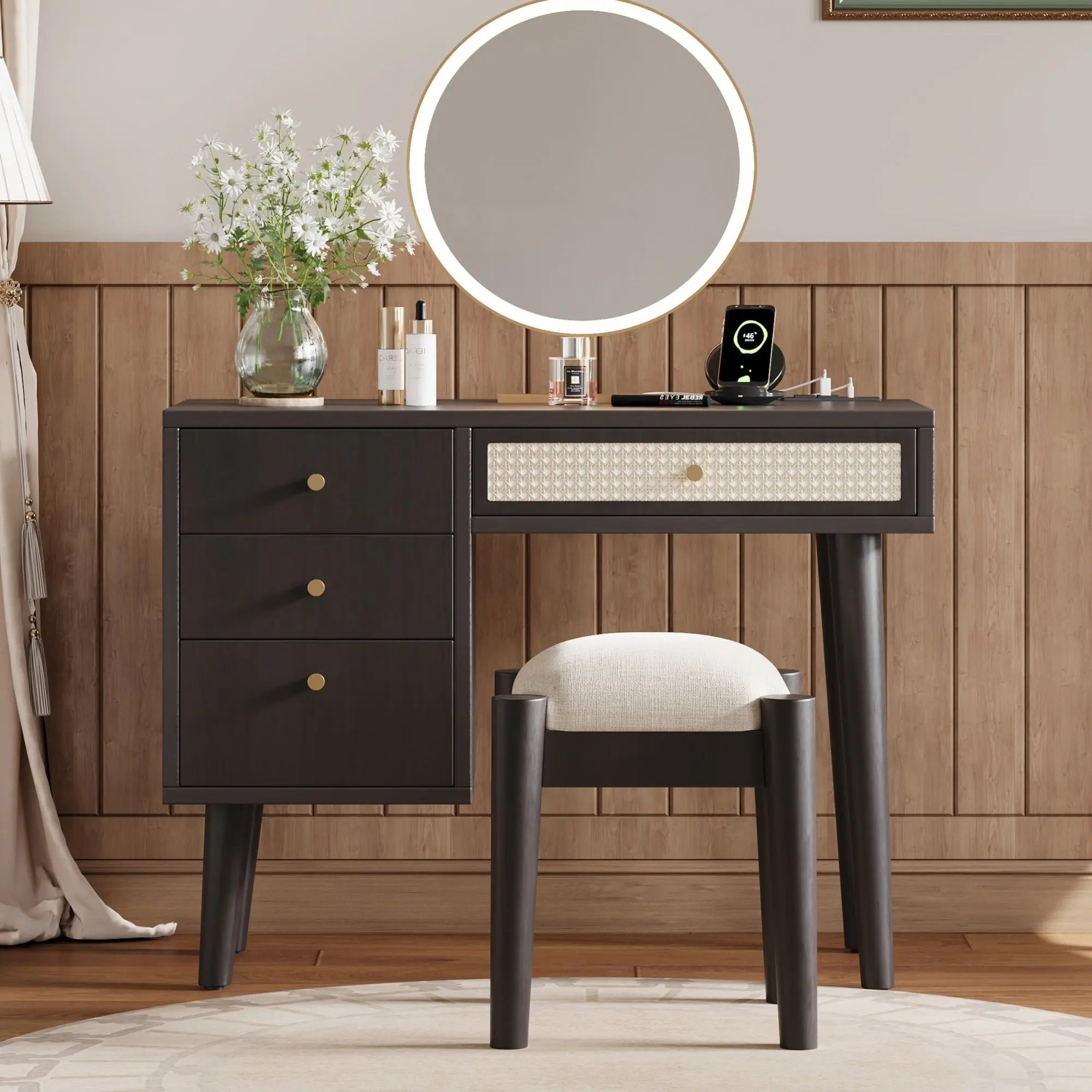 39" Retro Bohemian Style Wooden Makeup Vanity Set with mirror Charging Plug&USB Port and Stool, LED Dressing Table with 3 Storage Drawers and 1 Rectangular Rattan Drawer, Black
