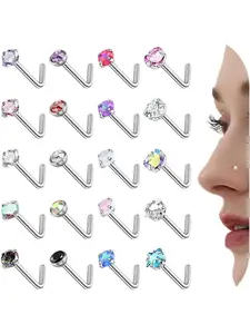 20Pcs Hypoallergenic 316L Steel Nose Studs L-shape/Flat Back Body Piercing Jewelry for Women Men Threadless Nose Ring with Taper Insertion Pin 18G/20G Silver