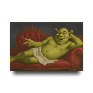 A Renaissance-style Shrek emoji-themed bathroom poster, bringing joy to whoever owns it; a wall art piece, full of whimsical home decor.