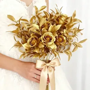 5pcs Gold Rose Artificial Flower Set, Faux Rose Bouquet, Wedding Table Centerpiece Decor, Indoor Outdoor Home Decoration, Hotel Party Photo Props