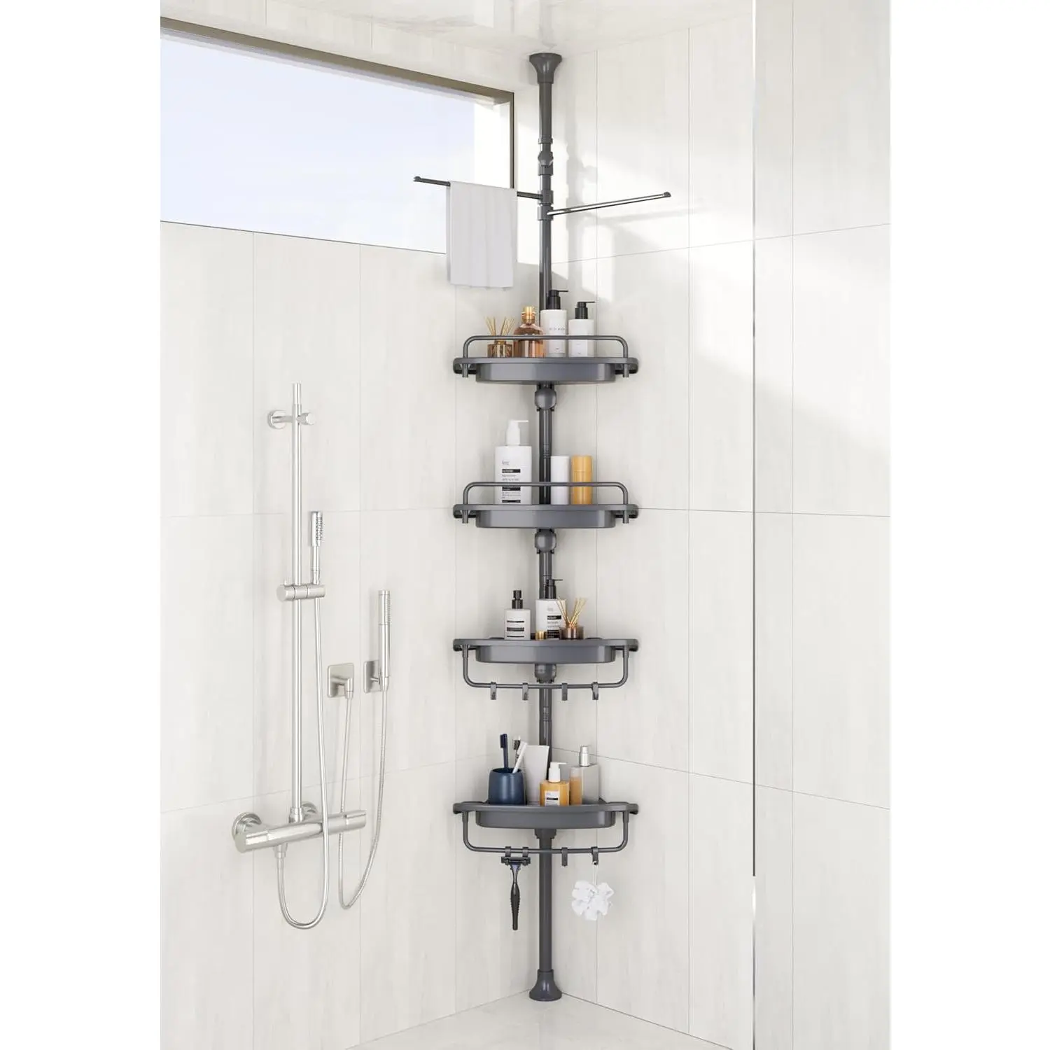 32-122inch Corner Shower  Tension Pole Grey, Rustproof Drill-Free Shower Shelves for Bathroom Bathtub Washbasin, Adjustable Shower Organizer with 4 Tier   Shelves & Towel Bars
