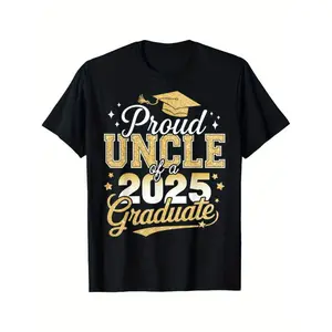 Fashion T shirt Proud Uncle of a Class of 2025 Graduate T-Shirt - Black Cotton Round Neck Tee with Golden & White Print, Funny Graduation Gift for Men, Women, Family & Friends, Casual Wear |   Celebratory Design |   Comfortable Fit Summer Top
