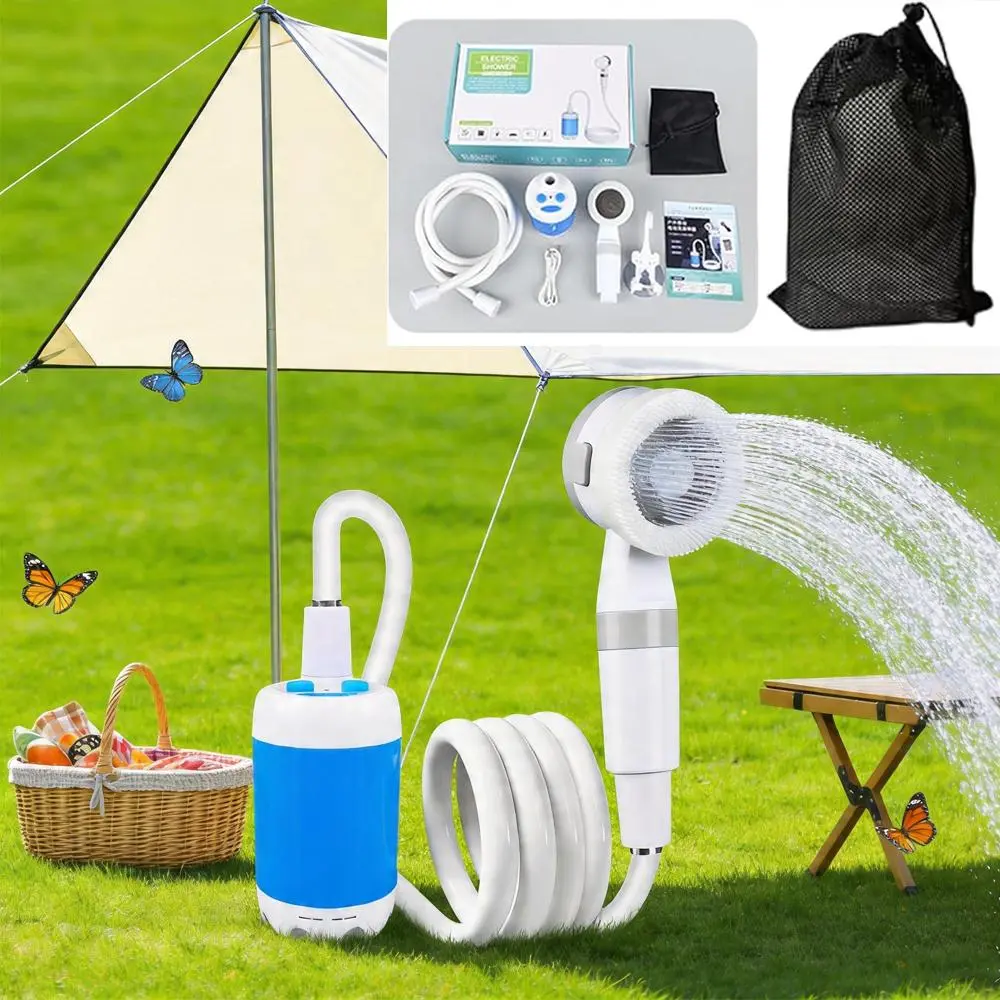 Rechargeable Portable Shower Kit, 4000mAh Battery with 2 Flow Rates, Waterproof Gear with Silicone Massager Head for Outdoor Trips & RVs, Charges via USB Port or Car Adapter, Camping Gear, Portable Showers, Batteries, Hooks, Suction Cups, Camping Equipmen