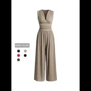 Women's Minimalist Plain Ruched Deep V Neck Wide Leg Jumpsuit, Lady Casual Basic Fitted  Comfort Sleeveless Ribbed Jumpsuit for Daily Wear, Ladies Clothes for All Seasons, Womenswear Overalls Green Black
