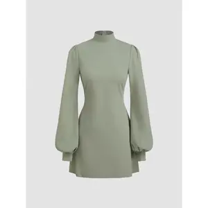 Cider High Neck Ruffle Puff Sleeve Mini Dress