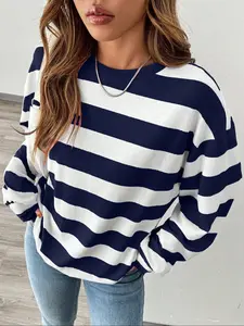 Women's Round Neck Striped Loose Long Sleeve Top, Casual Thin Fabric Spring & Fall Fashion, Comfortable Daily Wear for Women