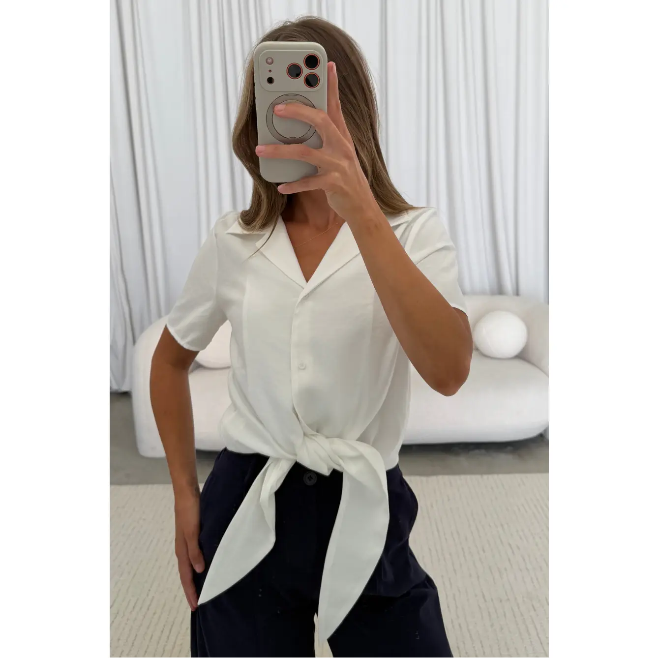Birdie Front Tie Blouse in White