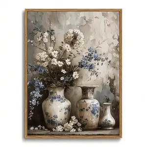 XLARTMY Frameless Poster Farmhouse Floral Canvas Wall Art,Vintage Blue And White Wall Art Flower Pictures Wall Decor,Porcelain Vase Posters Prints For Living Room Bedroom Bathroom Rustic Decor