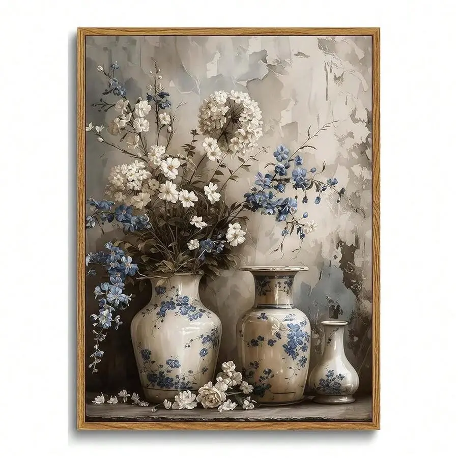 Unframed Vintage Blue-White Floral Vase Canvas Poster - Wood-Accent Chinoiserie Still Life Art Print, Minimalist Neutral Farmhouse Wall Decor for Living Room, Bedroom
