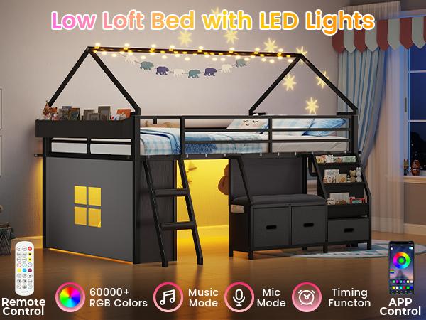 ADORNEVE Low Loft Bed Full Size with Bookshelf and Reading Nook LED Loft Bed with 3 Drawers and Under-Bed Play Space Loft Bed with Safety Guardrail and Inclined Ladde Play Curtain ADORNEVE Low Loft Bed Full Size with Bookshelf and Reading Nook LED Loft Bed with 3 Drawers and Under-Bed Play Space Loft Bed with Safety Guardrail and Inclined Ladde Play Curtain