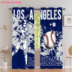2D Flat 2Pcs Los Angeles Baseball Pattern Printed Window Drapes, Sports Style Blue and White Theme, with Grommet Top Design, Semi Sunshade For Living Room Bedroom Balcony Kitchen Study Window Decoration, Accessory, Anti Privacy