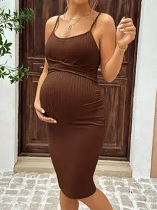 ZENIE Maternity Solid Color Fitted Camisole Dress Brown Ribbed Bodycon Summer Pregnancy Dress