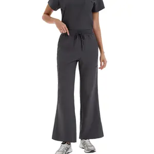 VECARDI Women's Flare Scrub Pants | All-Day Comfort High Waist Drawstring Work Pants | Multi-Pocket Medical Uniform for Nurses & Care Workers