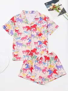 Women's Rainbow Horse Print Pajama Set, Short Sleeve Shirt with Button Front and Elastic Waist Shorts, Soft Comfortable Homewear, Shorts Pj Set