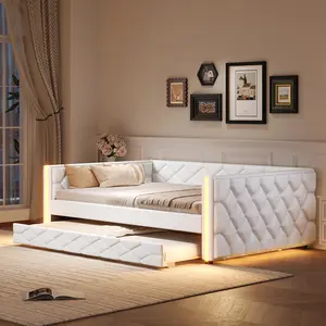 Full XL Size Upholstered Daybed with Twin XL Trundle and LED, Wooden Platform Sofa Bed Frame with Sturdy Slats, No Box Spring Needed, White