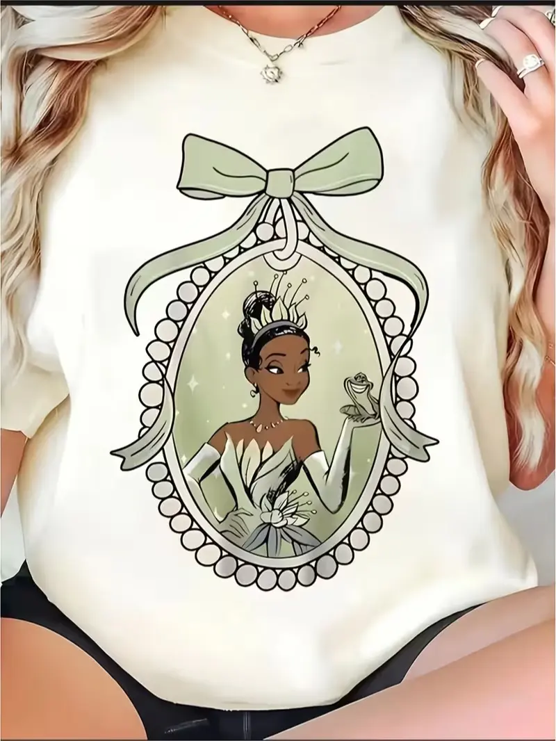 Cute Princess Frog Portrait Graphic T Shirt Vintage Bow Frame Women Casual Short Sleeve Crewneck Tee
