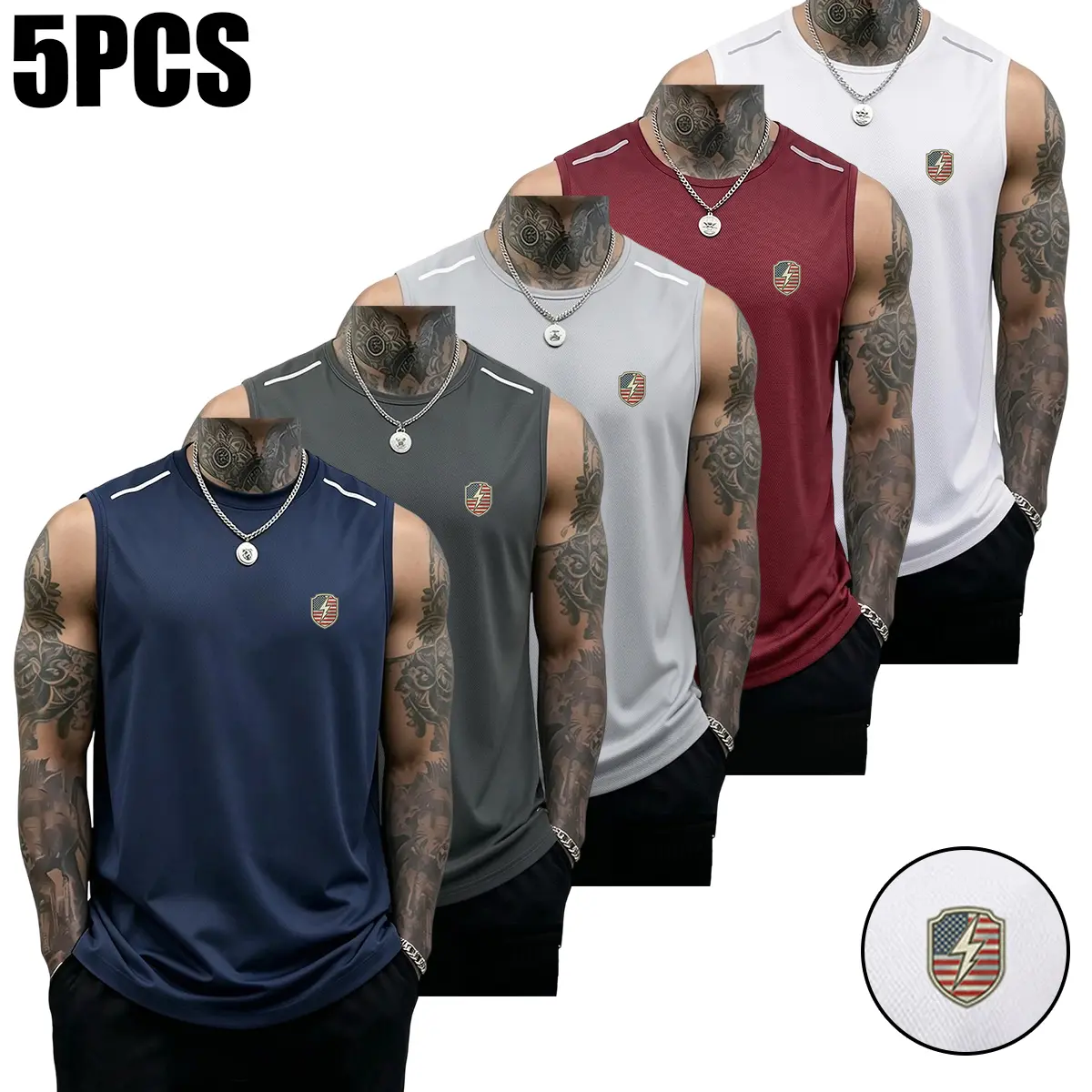5PCS Men’s Tank Tops, casual soft sleeveless muscle T-shirt, fitness T-shirt, sports tank top, solid color design, lightning shield flag creative print, summer vibe, SummerWins, versatile men’s tank tops, gift for men, running tank top for men, everyday t