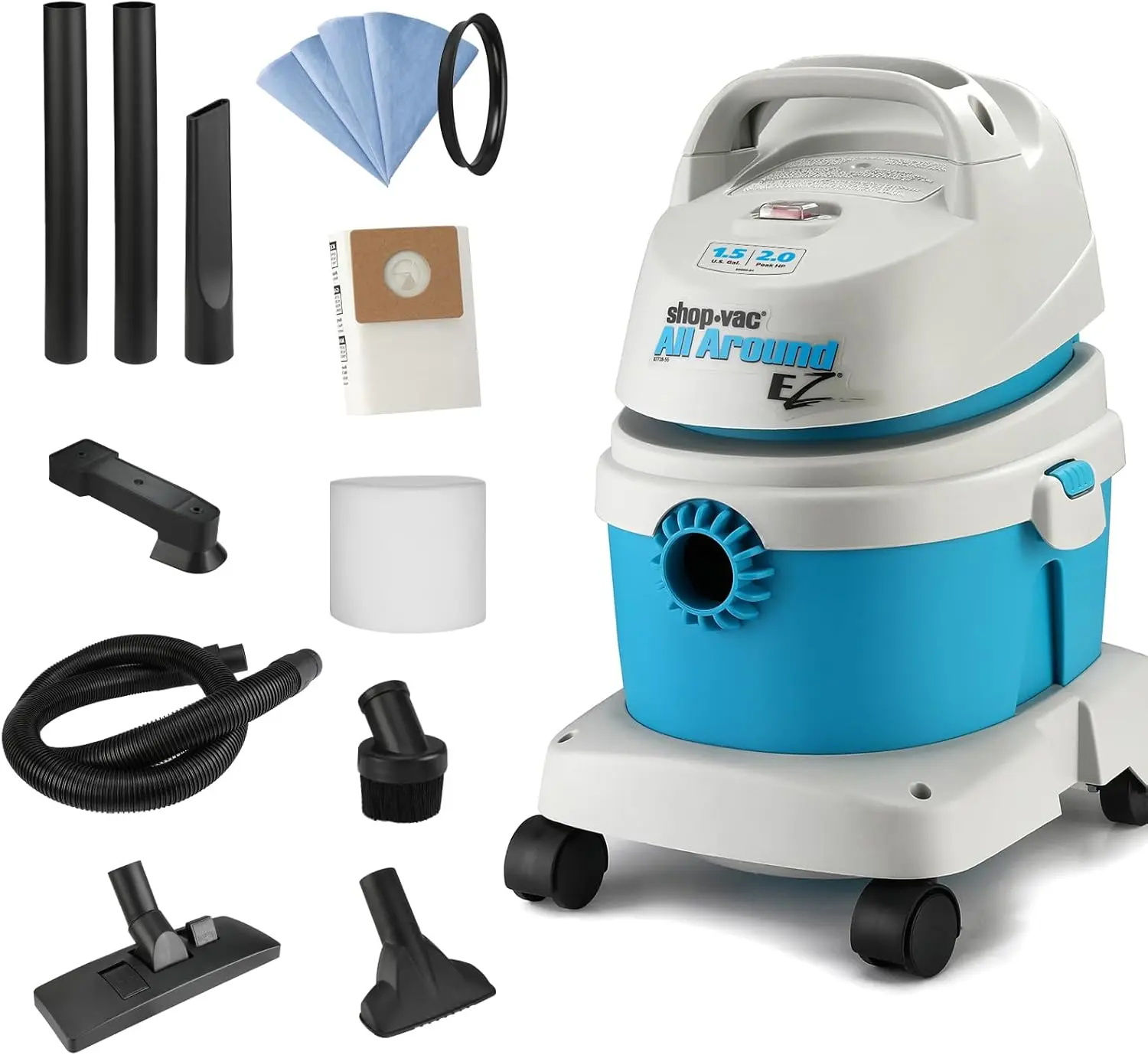 Shop-Vac 1.5 Gallon 2.0 Peak HP All Around EZ Wet/Dry Vacuum, Portable Compact Shop Vacuum, 3 in 1 Function with Wall Bracket & Multifunctional Attachments for Home, Apartment, Vehicles