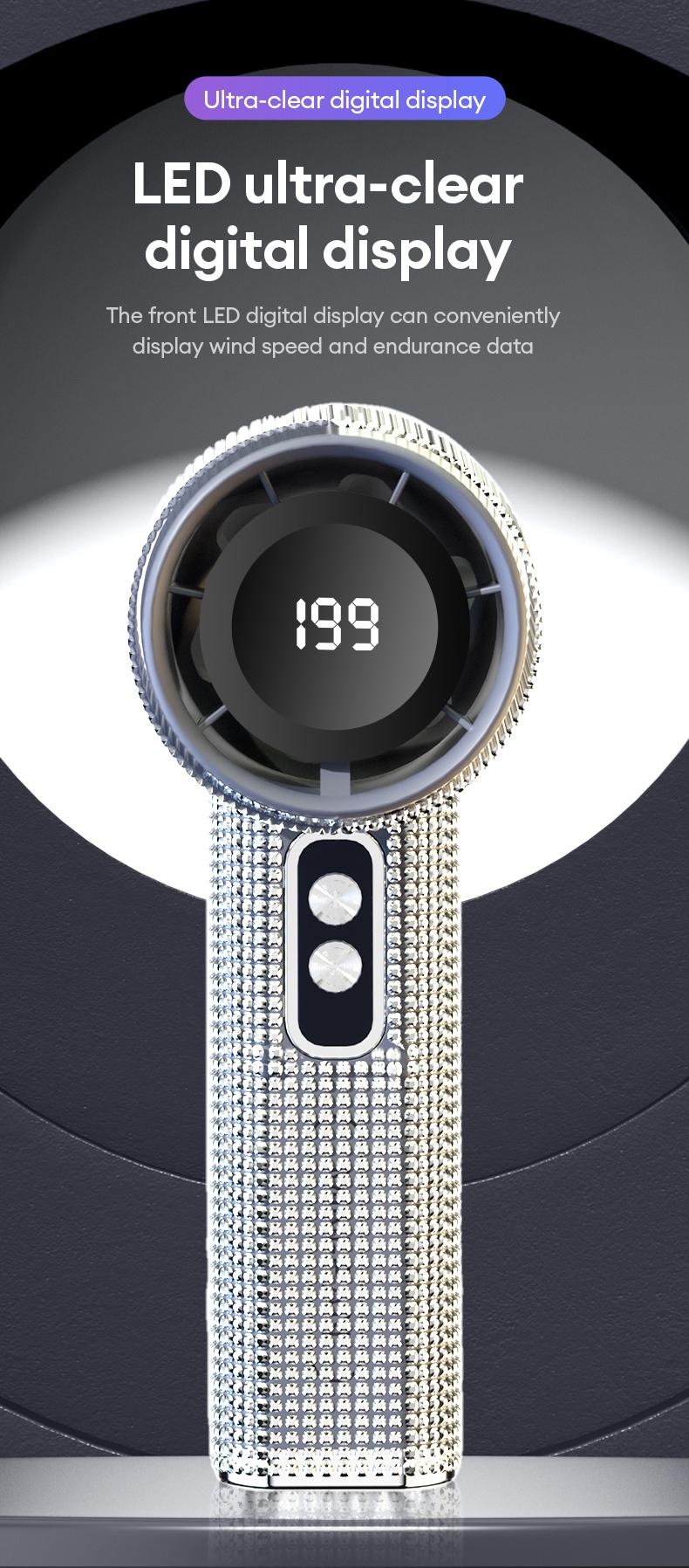 PAXA M15 Full Diamond Luxury Craftsmanship Portable Handheld Fan, 3 Gear Wind, Rechargeable Long Battery Life Hand Fan With Digital Display For Outdoor Activities, Travel, Office, Wonmen's gift