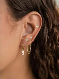 14k fashion high-end inlaid square zircon chain tassel earrings set, ladies fashion match, stacking earrings