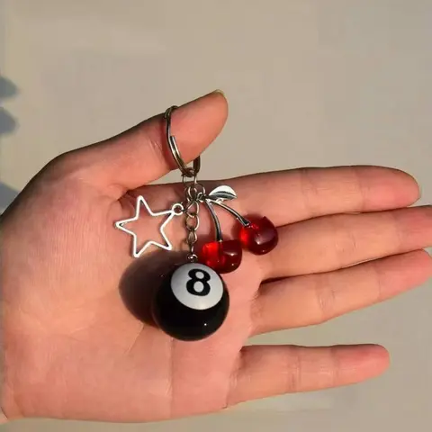 Cherry & Star & Billiards Design Keychain, Cute Keychains, Cute Beaded Fruit Keychain for Women & Men, Metal Keychain, Accessories for Daily Use, Keychain for Birthday Gift, Keychain for Purse, Bags & Key Rings