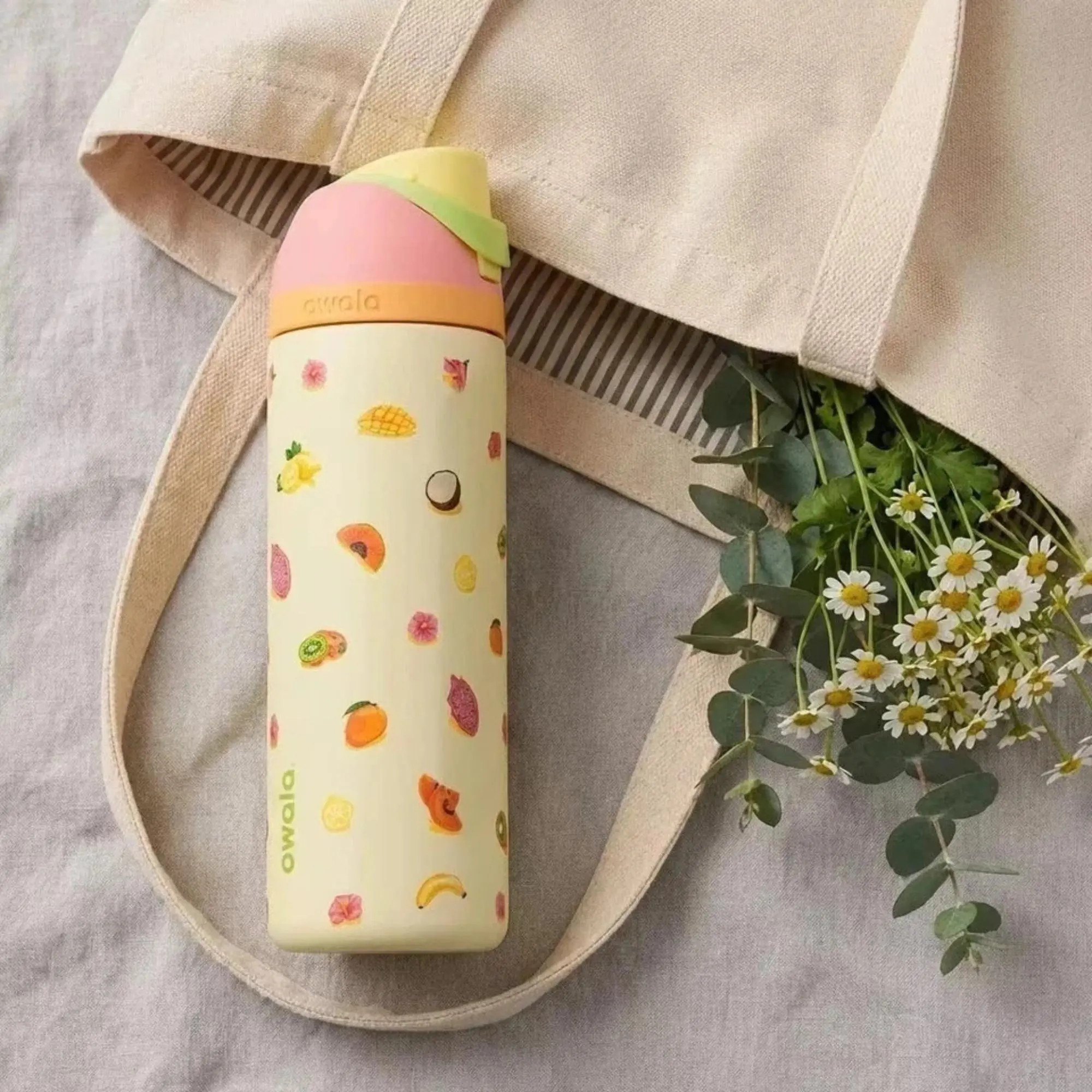 Owala FreeSip 24oz Tropical Fruit Water Bottle | Insulated Stainless Steel Tumbler with Straw | Cute Summer Hydration Bottle