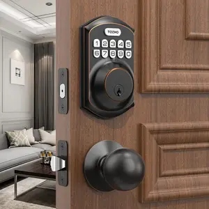 TE001K Keyless Entry Door Lock with Handle,  Keypad Deadbolt with 2 Knobs, High- Front Door Handle Set for Home & Rental,  Auto-Locking, Easy Install, Oil-Rubbed Bronze