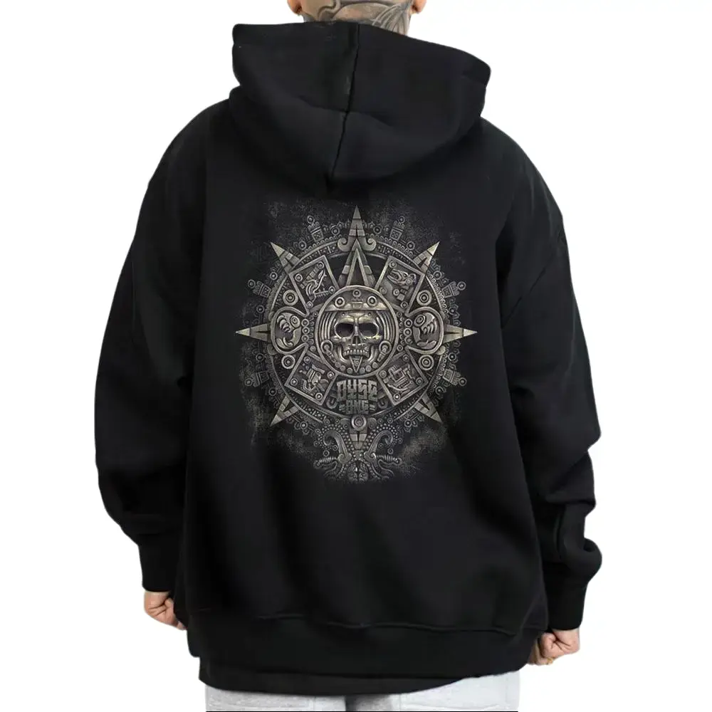 Women's Aztec Calendar Chicano Mayan Graphic Pullover Hoodie - Polyester-Cotton, Loose Fit, Lowrider Style, Mexican Gangster-Inspired Womenswear Top