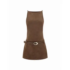 Cider Suede Boat Neck A-line Mini Dress With Belt