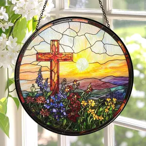 Cross Sunset Window Glass, Suncatcher Window Hanging, Indoor Decor, Stained Glass Gift, Christian Cross, Christmas Jesus Gift, Window Decor
