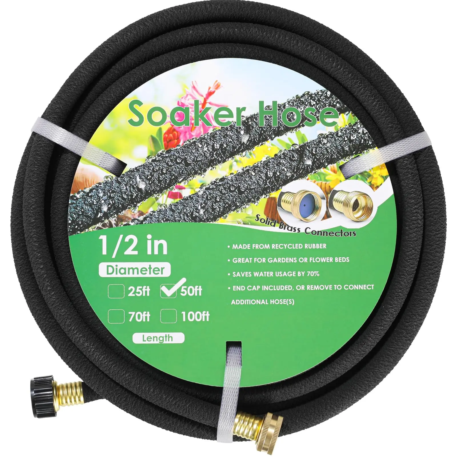 LIFERUN Soaker Hose 50/100 ft, 1/2 in Heavy-Duty Rubber Drip Hose with Solid Brass Connectors, Leak-Resistant Garden Watering Hose Designed to Save Up to 70% Water for Lawn, Flower Beds, Trees, Vegetable Gardens and Yard Irrigation