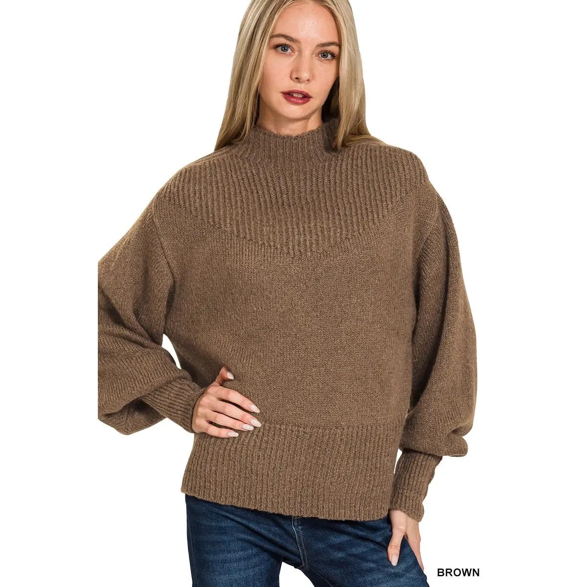 Zenana Balloon Sleeve Mock Neck Sweater