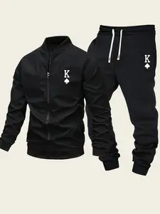 Men's sports casual jacket and trousers 2-piece set with spade K print baseball collar aviator jacket with elastic waist drawstring sports casual trousers for spring and autumn daily outdoor outings