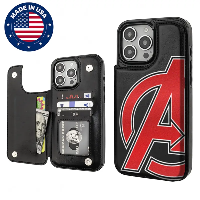 Customized Avengers Aesthetic Pattern Smartphone Case for iPhone 16/15/14/13/12 Plus Pro Max, Silicone-Touched TPU & PU Leather Cover with Card Holder, Shockproof Vintage Accessory with Raised Edges, Drop Protection, Anti-Slip Grip, Accessories, Iphone 15