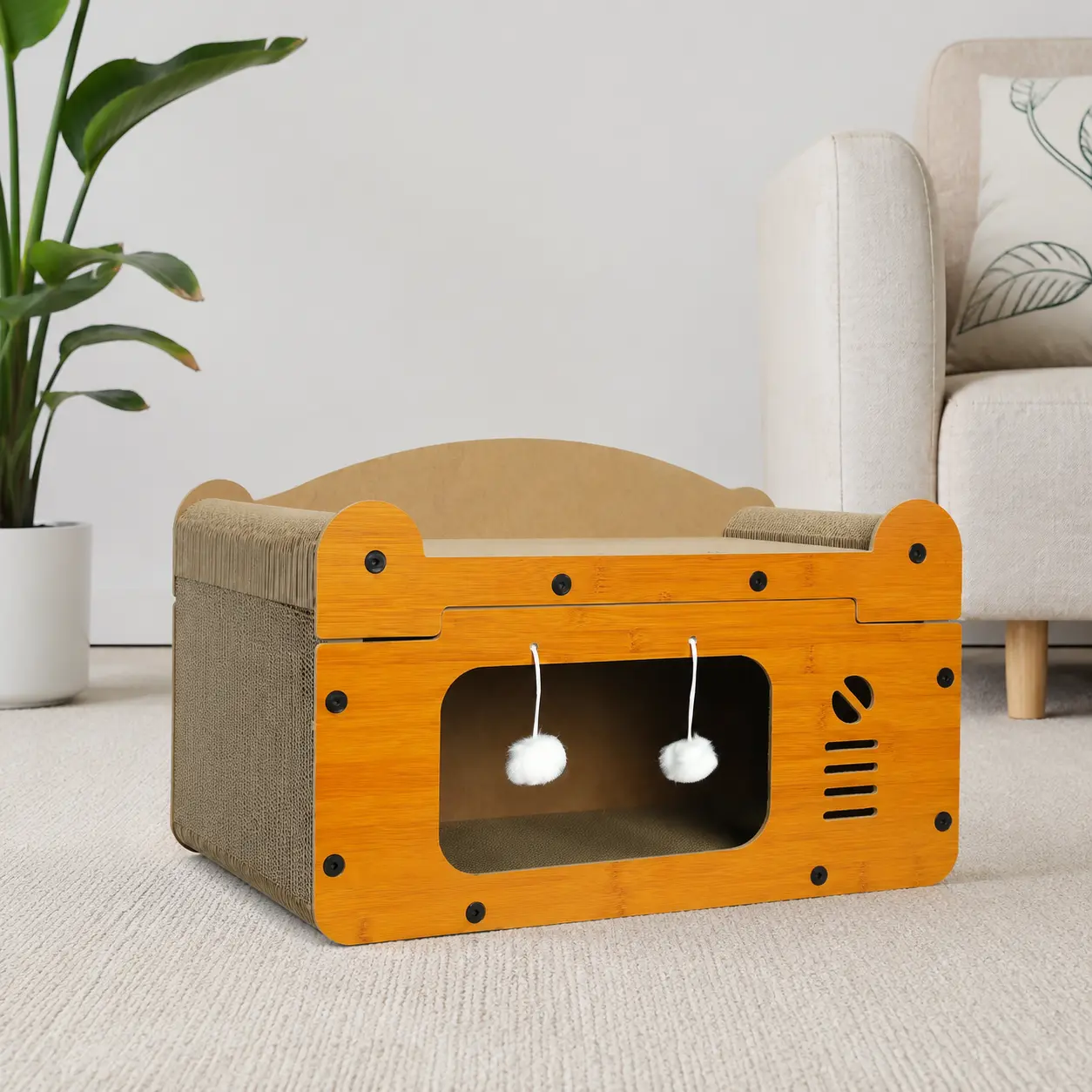 Contemporary Eco-Friendly Wooden Double-Layer Cat Bed with Textured Scratching Board - Durable Stylish All-Seasons Pet Furniture for Indoor Cats (Buy 1 Get 1 Offer), Easy Assembly for Claw Health