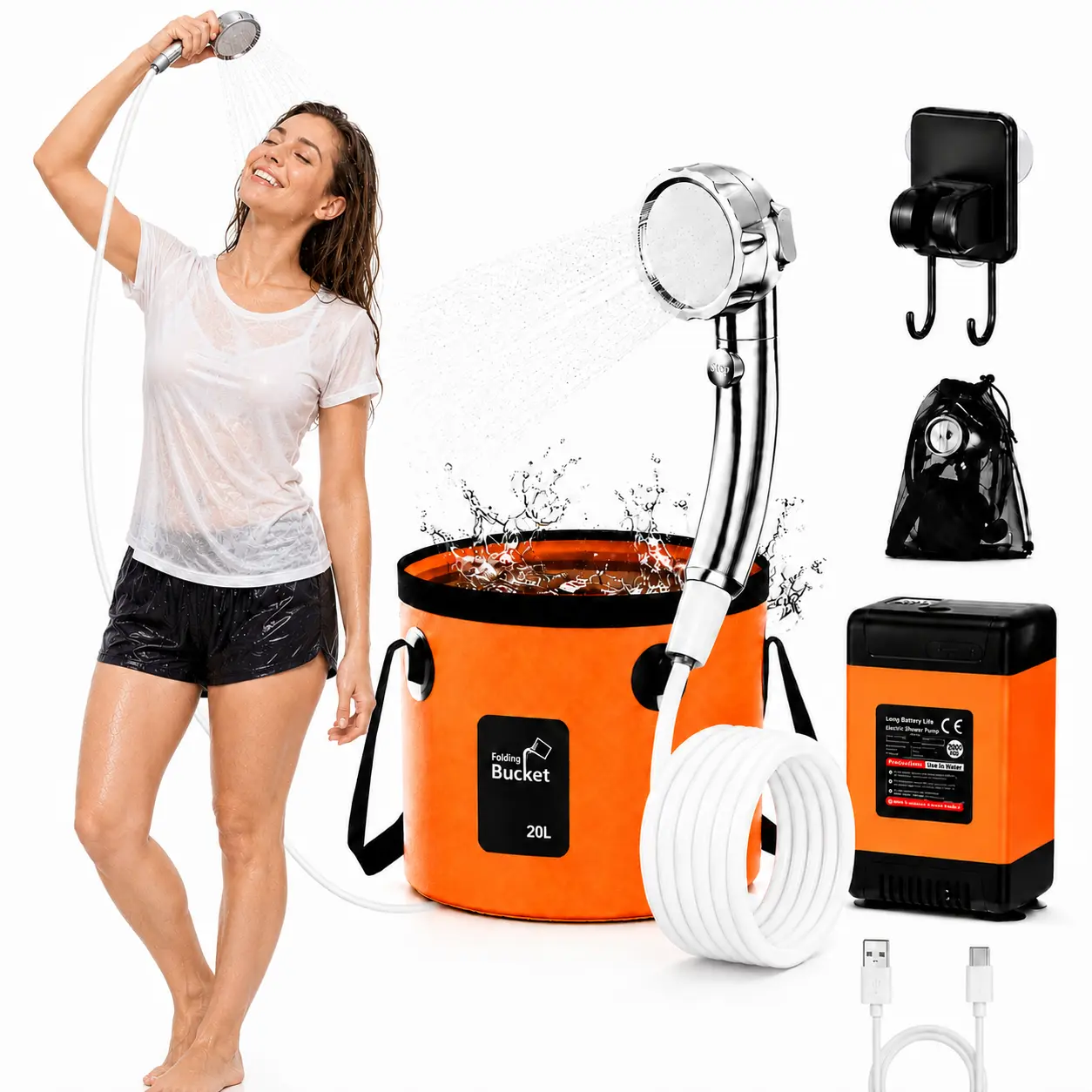 Portable Shower System 20L Bucket with Handheld Shower Head & Pump for Outdoor Use