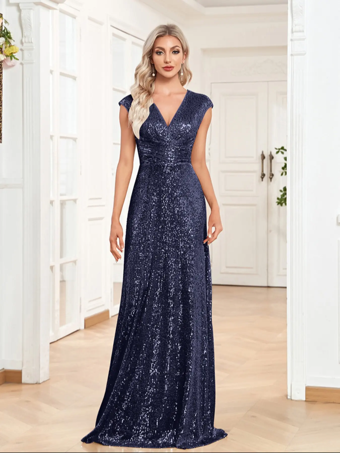 Women's Elegant Formal Evening Dress, Formal Wear, Elastic Stretchy Sequin Fabric, Waist Cinched Ruched Design, Perfect for Parties, Graduation, Weddings, Events