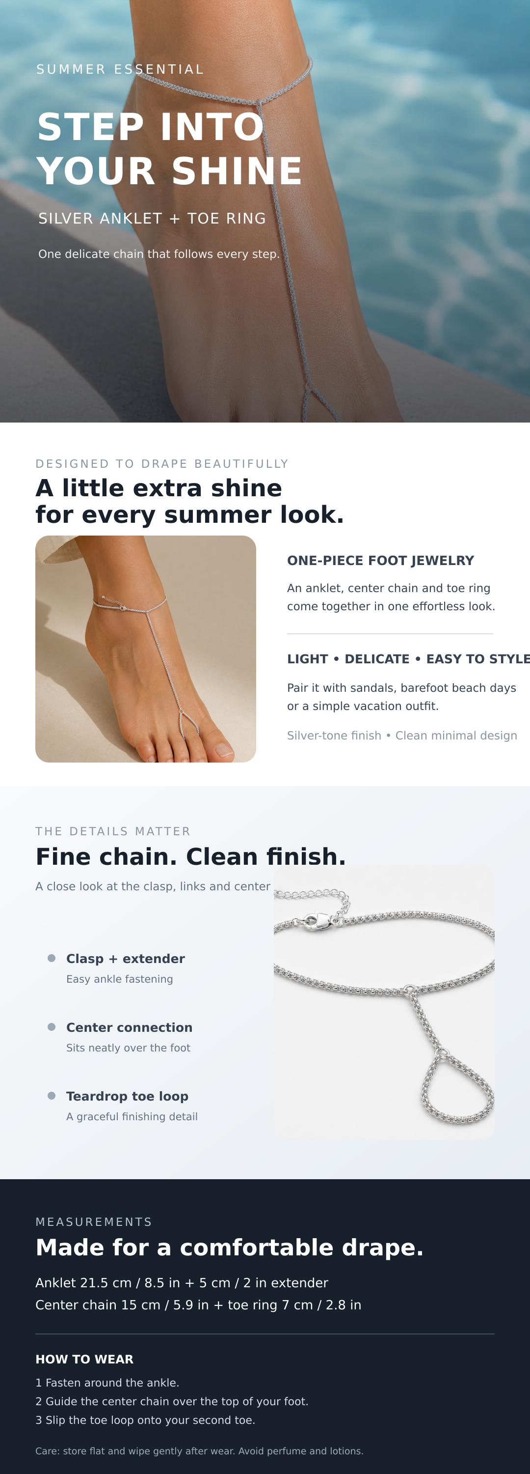 Loyalove Silver Tone Foot Chain Anklet with Toe Ring, Dainty Barefoot Sandal Jewelry, Boho Beach Vacation Accessory, Adjustable 5cm Extender