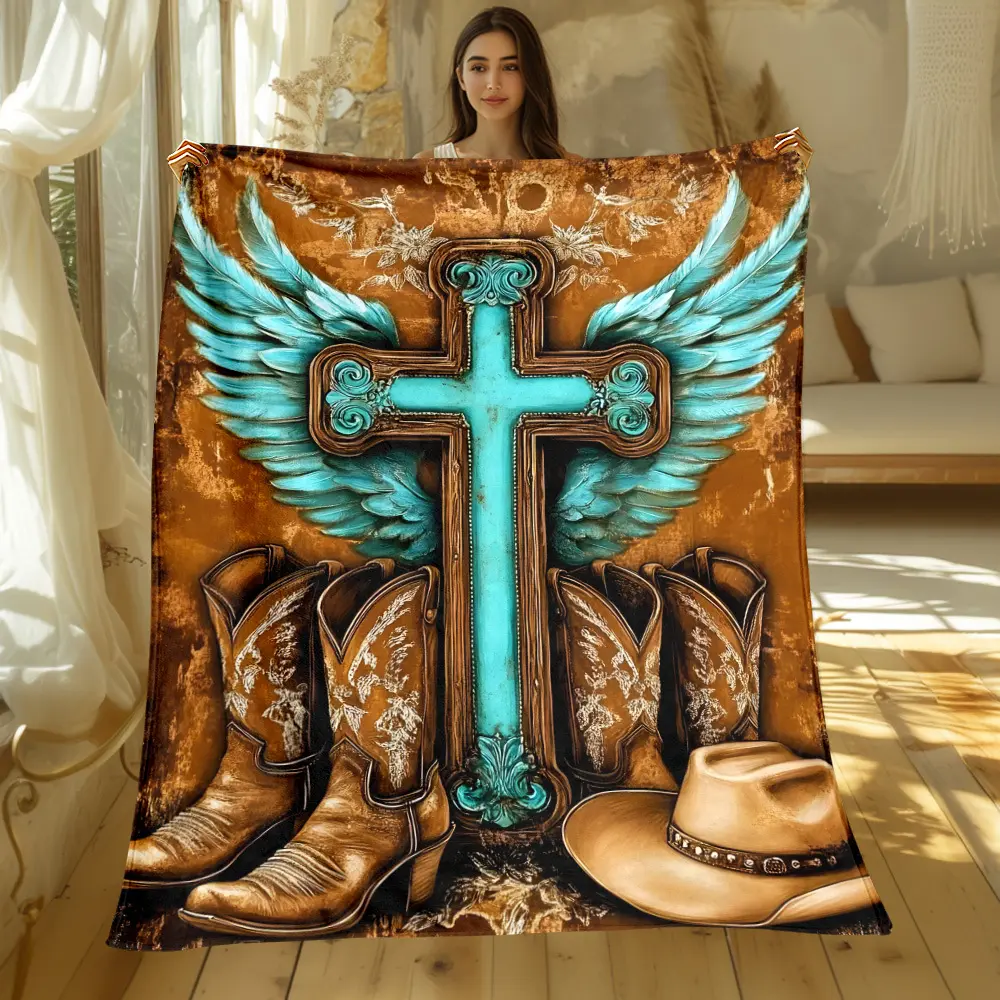 Southwestern Ranch Flannel-Like Blanket - Turquoise Blue & Brown, 280gsm Lightweight Soft Bedding, Western Home Decor, Cowboy Gift with Boot, Hat & Turquoise Cross, for Bed & Camping